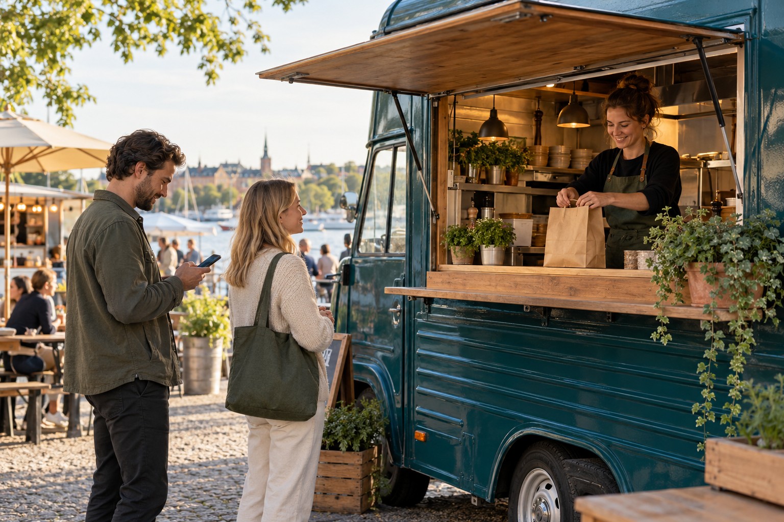Illustrasjon av en foodtruck med ansatt ved serveringsluken og gjester som venter i nærheten