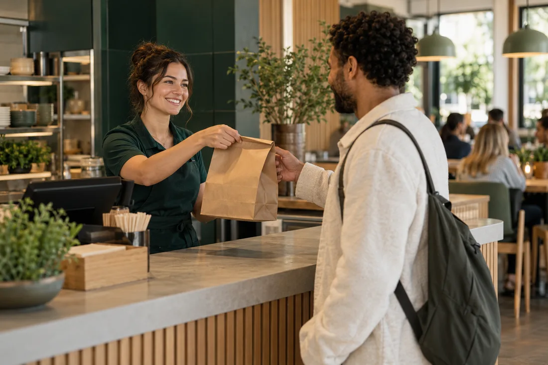 Restaurant staff handing an order to a customer